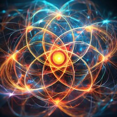 Digital art of a vibrant and scientific image showcasing an atom with electrifying energy waves