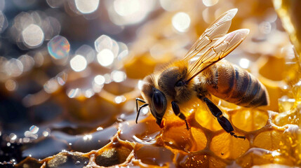 Honey bee sitting on hexagon patterned honeycomb. selective focus. Generative AI, - obrazy, fototapety, plakaty