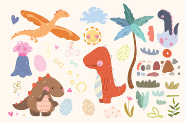 Dinosaurs vector set in cartoon Scandinavian style. A colorful cute children's illustration is perfect for a child's room.
