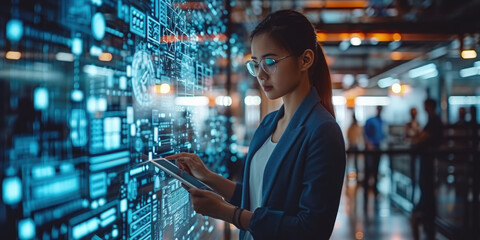 A focused woman in smart attire uses a tablet to manage network servers, symbolizing modern data management and information technology expertise. - obrazy, fototapety, plakaty