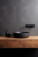 Contrast Harmony: Black Vessel Sink, Wooden Countertop, and Concrete Tiled Wall