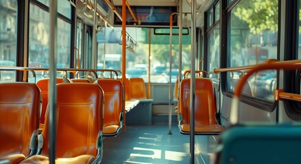 vacant passenger bus interior decorated with brightly colored, orange-hued seats.