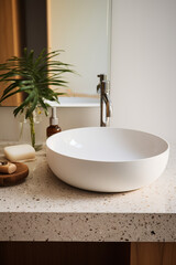 Fototapeta na wymiar Terrazzo Tranquility: A Minimalist Oasis with White Sink in Modern Bathroom