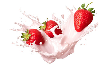 Milk splashes with strawberry pieces isolated on transparent or white background, PNG file.