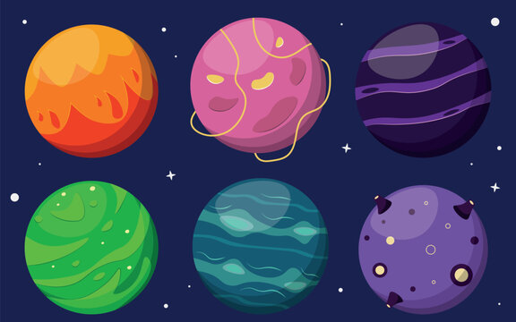 Vector set of fantastic planets in cartoon style