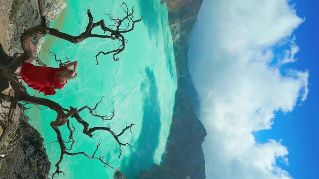 A woman in a red dress stands near a dead tree on the edge of an active volcano Kawah Ijen in the crater of which there is a sulfur lake, East Java, Indonesia. Vertical drone video.