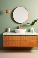 Fototapeta na wymiar Simplicity in Serenity: Round Vessel Sink on Green Terrazzo Counter in Modern Bath