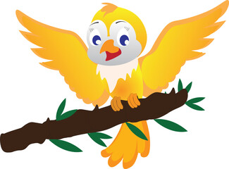 Cute cartoon yellow bird sitting on branch