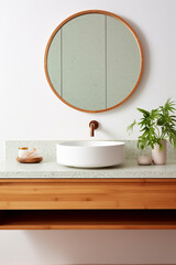 Terrazzo Tranquility: Minimalist Elegance with White Vessel Sink and Wooden Vanity