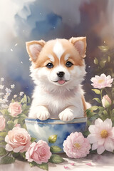 Cute Chihuahua puppy with flowers. Digital painting.