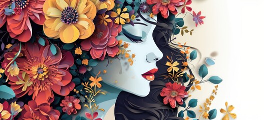 Artistic illustration of woman with floral hair design. Art and creativity.