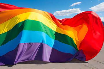 An Image Of A Rainbow Flag, A Rainbow Flag With Blue Sky And Clouds