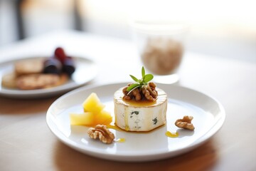 individual camembert portion with a side of fig jam and walnuts - obrazy, fototapety, plakaty