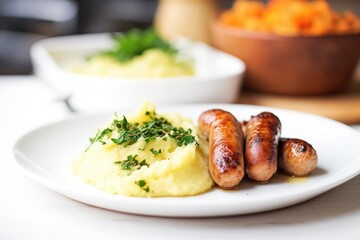 plate of bangers and mash with a sprig of parsley