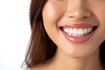 A close-up shot of the lower portion of a asian woman's face. She Charming smile with immaculate teeth for dental service promotions