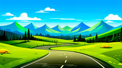 Cartoon of road going through beautiful green valley with mountains in the background.