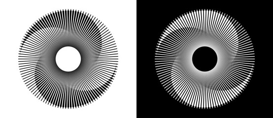 Lines in circle abstract background. Dynamic transition illusion. Black shape on a white background and the same white shape on the black side. - obrazy, fototapety, plakaty