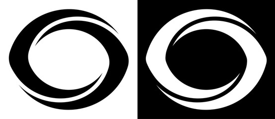 Rotating art lines in circle shape as symbol, logo or icon. Black shape on a white background and the same white shape on the black side.