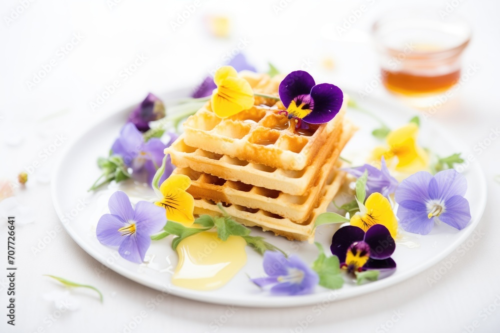 Poster waffles with edible flowers and honeycomb, elegant plating