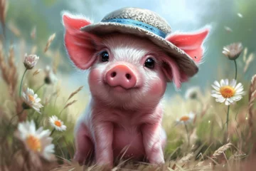 Fotobehang cartoon pig wearing a hat © Angah