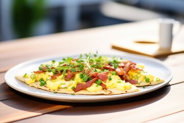 flatbread pizza with scrambled eggs, bacon, and chives