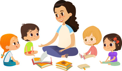 Teacher tells stories and discusses the book, the children sit on the floor in a circle and listen to her. Preschool activities and early childhood education. Vector illustration for poster, website - 707727235
