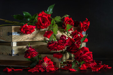 A bouquet of red roses with fallen petals.