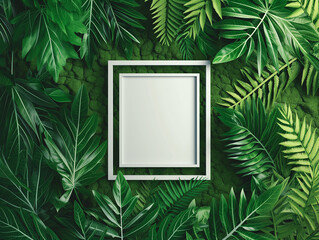 3d illustration of green leaf background with empty white vertical rectangle frame. Lush foliage backdrop for advertisement banner.