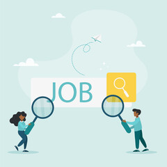 Employees looking for a job, Employees using a magnifying glass looking for a job in the search bar, looking for a job and vacancy concept. Vector illustration. A guy and a girl are looking for work.
