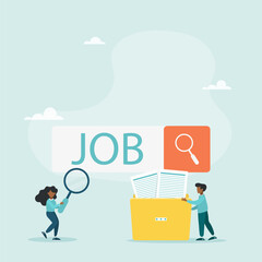 Employees are looking for work. Unemployed people using a magnifying glass look for a vacancy in the search bar. Unemployment. Career, find an opportunity, a job. Vector illustration.
