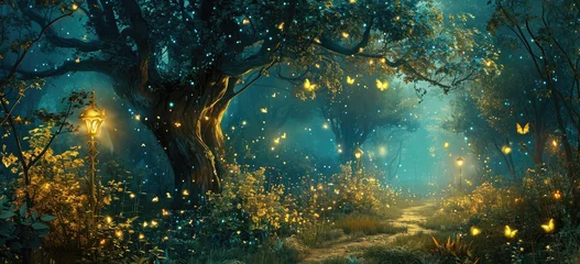 Abwaschbare Fototapete Feenwald Enchanting forest path with glowing lanterns and fireflies. Magical nature scene.