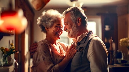 Man and woman are smiling at each other while they hold their arms around each other.