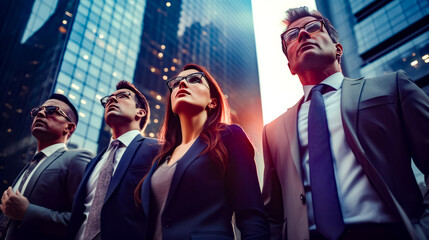 Group of business people standing in front of tall buildings in the city. - Powered by Adobe