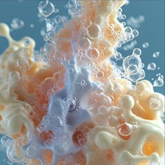 A very fun visual in 3D where all the elements are compacted as if they were glued and compressed together that represents the spirit of soap with transparent soap bubbles. Generative AI.