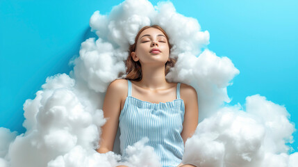 Woman Meditating in Clouds, Serene Pose With Closed Eyes