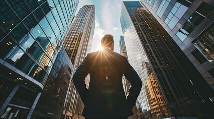 A handsome businessman standing with his back in front of a tall skyscraper building in a modern american city.