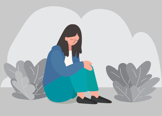Fototapeta na wymiar sad woman sitting, depression, sadness on gray background vector