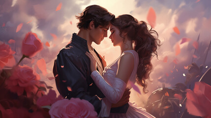 The image is a romantic illustration of a couple embracing among roses.