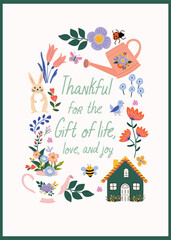 Happy Easter vector card with spring quote. Pretty, cute hand-drawn design of Spring elements featuring rabbit, eggs, spring flowers, bees. Ready to print template for T-shirt design, greeting card.