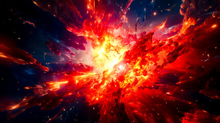 Computer generated image of exploding explosion of red and yellow colors with stars in the...