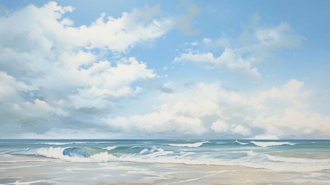 The image is a serene beachscape with clouds and gentle waves.