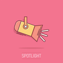 Fototapeta premium Spotlight icon in comic style. Lamp vector cartoon illustration on white isolated background. Flashlight business concept splash effect.