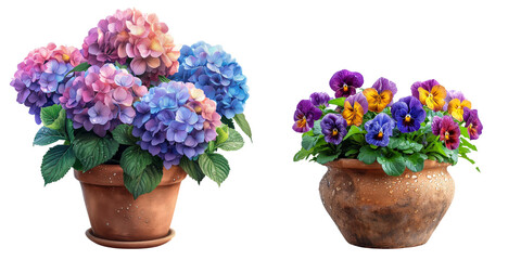 Colorful hydrangea and pansies flowers in pot isolated on transparent background. Generative AI.