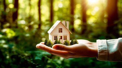 Person's hand holding small house in front of forest.