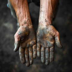 Schmutzige Arbeiterh&auml;nde mit Erde von einem Mann (Durch AI generiert)