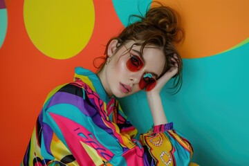 Studio portrait of a young European woman with a vibrant pop art theme, wearing bold, colorful...