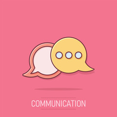 Speak chat sign icon in comic style. Speech bubbles vector cartoon illustration on white isolated background. Team discussion button business concept splash effect.