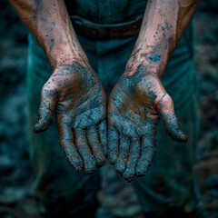 Schmutzige Arbeiterh&auml;nde mit Erde von einem Mann (Durch AI generiert)