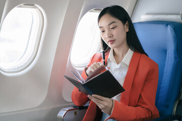 Airplane, travel and portrait of woman with journey and backpack.