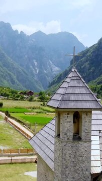 The beautiful Catholic Church in the valley of Theth National Park, Albania. albanian alps